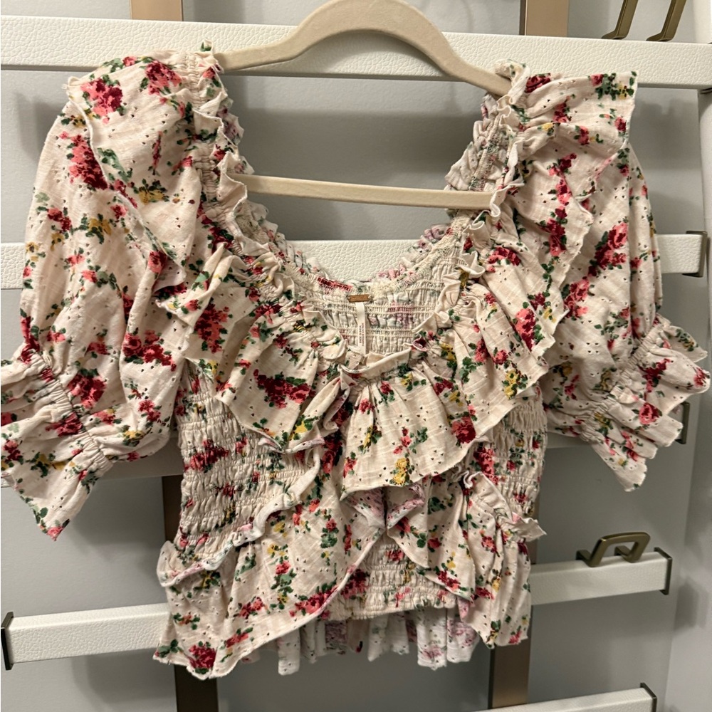 Floral Ruffle Blouse - Cream and Red